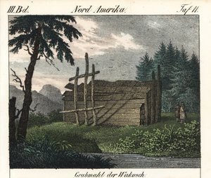 La tomba di legno degli indiani Wakashan (Canada). Litografia per il libro: “Galerie complete en tableaux fideles des peuples d