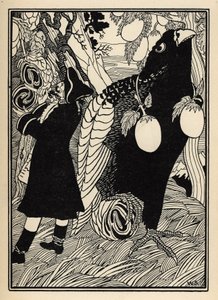 Il barone scopre i grandi uccelli e gli arrosti sugli alberi negli Stati Uniti. Illustrazione di William Strang e JB Clark da Le avventure del barone di Munchausen di Rudolf Erich Raspe