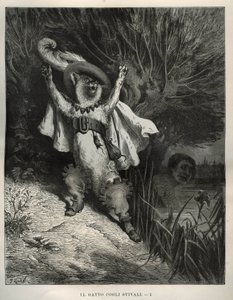 Il gatto con gli stivali chiede aiuto. Incisione di Gustave Dore (1832-1883) da 