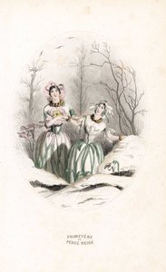 Le fate bucano la neve e la primula in un paesaggio innevato - Acquaforte di Charles Geoffroy (1819-1882), basata su un