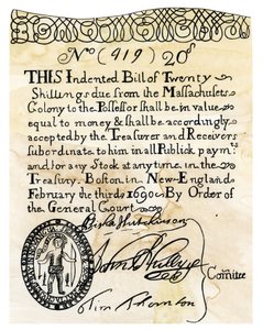 La prima banconota americana del valore di 20 scellini, emessa dal General Court della Colonia di Boston (Massachusetts, USA) nel 1690 da Unbekannter Künstler