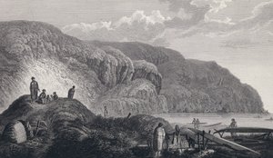 Gli abitanti di Oonalashka (o Unalaska, Alaska, Stati Uniti) e le loro case. Incisione della fine del XVIII secolo, dopo John Webber (1751-1793) da Unbekannter Künstler
