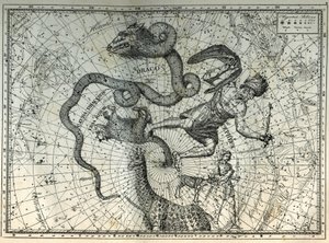 Le costellazioni vicine al Polo Nord: Orsa Minore, Drago, Cefeo, Giraffa, Renna e Messier. Incisione da 