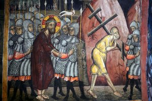 La passione di Cristo, Simone porta la croce, affresco bizantino del monastero di Agios Ioannis Lampadistis, San Giovanni Lampadistis, XI secolo, Cipro, chiese dipinte, sito UNESCO, Troodos, Cipro da Unbekannt