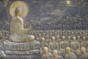 Tempio buddista Tinh Xa Ngoc Chau, La vita del Buddha, Siddhartha Gautama, Buddha con discepoli, insegnamento, Il Buddha esortò i suoi primi sessanta discepoli Arahant a partire in diverse direzioni per predicare la Dottrina, Chau Doc, Vietnam, 2018 (foto) da Unbekannt