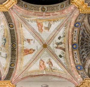 Transetto sud, terza campata ovest, Isacco chiede a Esaù di portargli selvaggina, Rebecca veste Giacobbe con i vestiti di Esaù, Giacobbe scambiato per Esaù dà cibo a Isacco, Esaù ritorna con la selvaggina, Cattedrale di Santa Maria Assunta, Duomo, Cremona, da Unbekannt