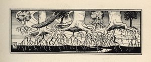 Alberi sradicati da una tempesta ripiantano le loro radici esattamente dove erano. Illustrazione di William Strang (1859-1921) e JB Clark da 