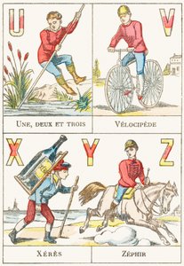 U V X Y Z ; U : Uno, due e tre ; V : Velocipede ; X : Xeres ; Z : Zephir - Alfabeto dei Giochi, c.1890 (incisione) da Unbekannt