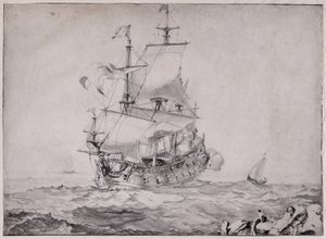 Navi in mare che sparano il cannone - disegno di Pierre Puget (1620-1694) 17° secolo da Unbekannter Künstler
