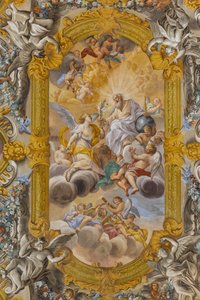 Vista del soffitto, Chiesa di Nunziatina, Todi, Umbria, Italia