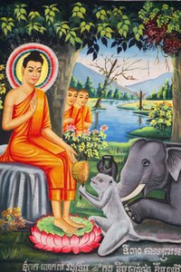 Pittura murale nel Wat Pitchey Udong: scena della vita del Buddha, il Buddha nutrito da una scimmia mentre digiuna, Kampot, Cambogia da Unbekannt