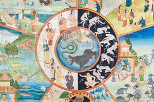 Ruota della vita, dettaglio, pittura murale a wat Umong, Chiang Mai, Thailandia da Unbekannter Künstler