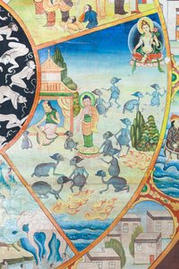 Ruota della vita, dettaglio, pittura murale a Wat Umong, Chiang Mai, Thailandia