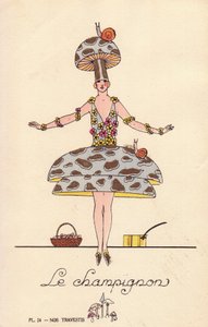 Donna in costume da fungo, le mushroom, cappello e vestito a forma di fungo, decorato con lumache e fiori