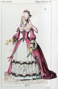 Donna che indossa un vestito come quello di Mme de Pompadour, c. 1810 (incisione) da Unbekannter Künstler