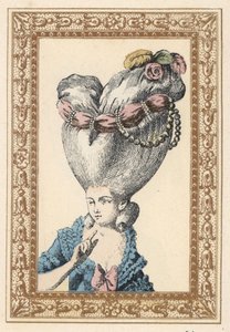 Donna con capelli raccolti su un pouf (supporto) e decorati con fiori, perle e un nastro, chiamato la Pulce da Unbekannter Künstler