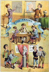 Lavoro in classe. Incisione in "Alfabeto dei piccoli scolari". Imagerie d
