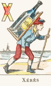 X: Xeres, un ragazzo tiene sulla schiena una grande bottiglia di vino - Alfabeto dei giochi, circa 1890 (incisione) da Unbekannt