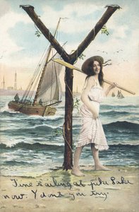 Y : Una donna a piedi nudi, vestita con un abito corto senza maniche, tiene un remo sulla spalla sinistra. Decorazione marina - Alfabeto personaggi Ref Th. E., L. Theochrom - Serie 994. Theodor Eisman, editore, Lipsia da Unbekannt
