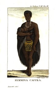 Giovane donna San che allatta un bambino, Sud Africa. Indossa un mantello, collane e una gonna con perline. Da Francois Le Vaillant (Levaillant da Unbekannter Künstler