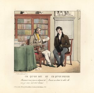 Giovane gentiluomo nello studio di un consigliere che legge una lettera. Dice, Sono completamente a tua disposizione. Pensa, Un