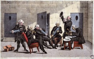 Amatori che suonano una courante, caricatura francese contro i medici (con siringhe e pitali come strumenti musicali) e il purgante nel XVIII secolo da Unbekannter Künstler