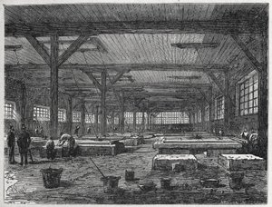 Fabbrica di vetro: produzione di uno specchio, c.1880