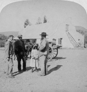 Intervista a un contadino boero nella sua casa vicino a Brandfort, Sudafrica, Guerra Boera da Underwood and Underwood