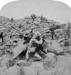 Gli Warwicks che scaramucciano con i Boeri vicino a Weppener, a est di Bloemfontein, Sudafrica, 1901