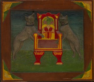 Pannello emblematico con due cani e trono