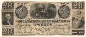 Banconota da 20 dollari emessa dalla Augusta Insurance & Banking Co., Augusta, Georgia nel 1858 con incisioni della Dichiarazione di Indipendenza dopo Trumbull, Washington dopo Stuart (?)