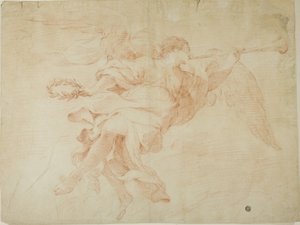 Angelo con tromba e corona di fiori