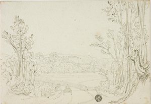Carrello che attraversa il ponte tra gli alberi; villa in lontananza da Unknown