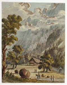 Chalet e giardino sotto le Alpi (recto); villaggio e ghiacciaio di Boissons, Chamix (verso) da Unknown