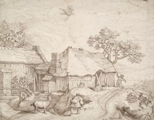 Edifici agricoli con contadini, una capra e il rapimento di Ganimede da Unknown