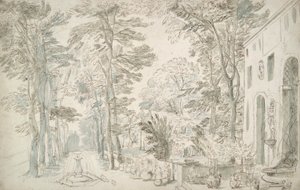 Giardino con fontane e arbusti in vaso
