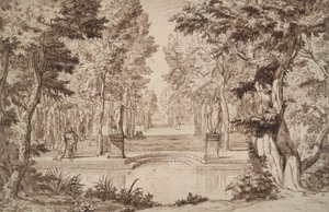Vista Immaginaria di un Parco con Statue e Coppie