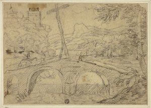 Paesaggio con ponte (con croce) su una gola, con montagne e castello in lontananza