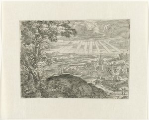 Paesaggio con vista sulla città e sole splendente da Unknown