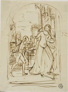 Illustrazione letteraria: Dama medievale con pagina (recto); schizzi di figure (verso) da Unknown