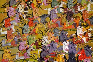 Pittura Marwar: (dettaglio) da I demoni si preparano alla battaglia contro la dea Durga, Museo del Palazzo del Forte Mehrangarh, Jodhpur, Rajasthan, India da Unknown