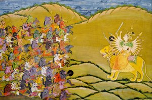 Pittura Marwar: I demoni si preparano alla battaglia contro la dea Durga, Museo del Palazzo del Forte Mehrangarh, Jodhpur, Rajasthan, India