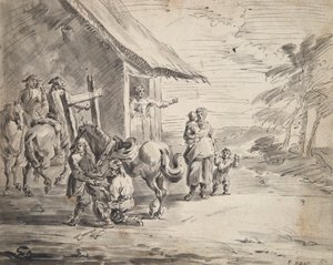 Uomini che ferrano un cavallo fuori da una locanda di campagna da Unknown