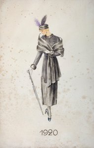 Modella con cappotto e cappello con piume, con ombrello da Unknown