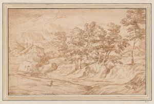 Paesaggio montuoso con case a sinistra e alberi a destra