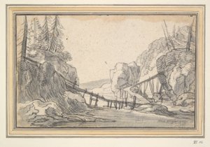 Paesaggio montuoso con ponte di legno