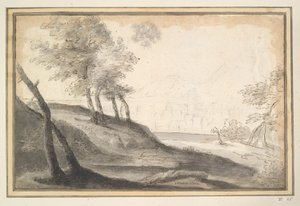 Paesaggio montuoso con alberi e città in lontananza da Unknown