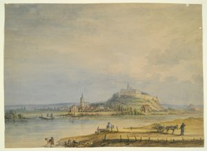 Scena fluviale con città, castello sulla collina e contadini al lavoro da Unknown