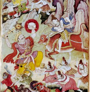 Siva distrugge il demone Andhaka, manoscritto Harivamsa, Mughal, c1590