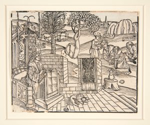 I pastori Chromis e Mnasyle che legano il Sileno addormentato. 1502. Da una pubblicazione illustrata di Virgilio